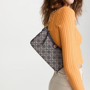 Tory Burch T Monogram Jacquard Zip Shoulder Bag Navy Blue Chain Strap